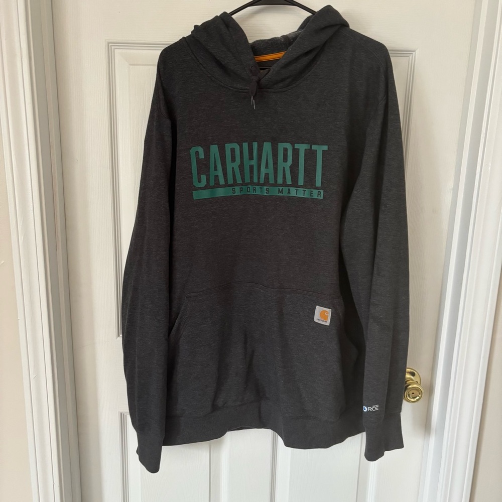 Carhartt Men's Charcoal Hoodie with Teal Logo